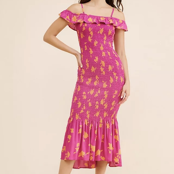 Anthropologie Dresses & Skirts - Anthropologie Off The Shoulder Pink Floral Stretch Smocked Midi Dress Medium